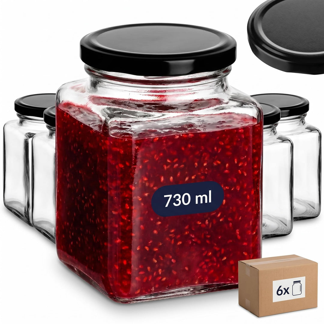 gouveo 6er Set Einmachgläser 730 ml eckig mit Schraub-Deckel schwarz - Grosse Vorratsgläser mit Dreh