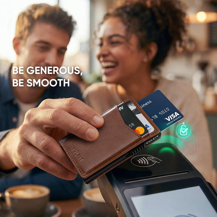 VULKIT Kreditkartenetui Leder Kartenetui RFID Blocking Automatische Pop Up Visitenkartenetui für Kar