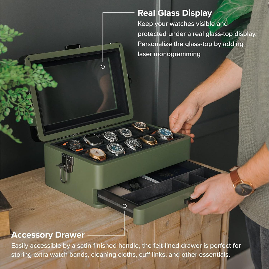 CASE ELEGANCE Militäruhrenbox mit 10 Fächern für Herren, Echtglasplatte, modulares Valet-Tablett, Ap
