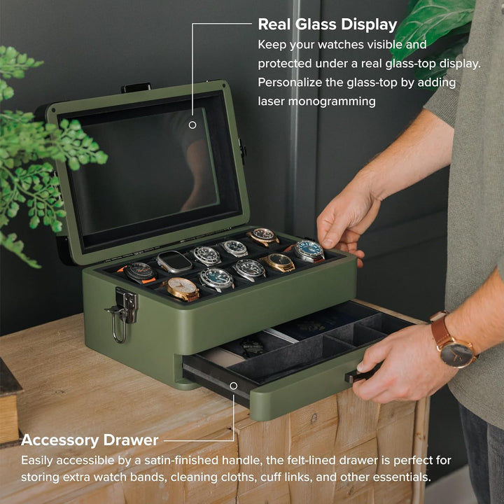 CASE ELEGANCE Militäruhrenbox mit 10 Fächern für Herren, Echtglasplatte, modulares Valet-Tablett, Ap