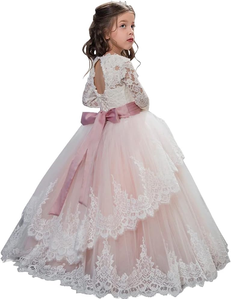 PLWEDDING Spitze Lange Ärmel Blumenmädchen Kleid Prinzessin Tüll Kleid für Kinder Erstkommunion Klei