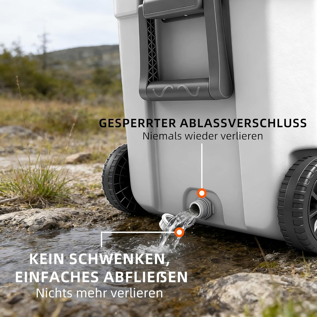 WISD 45L Kühlbox mit Rollen und Griff – Grosse Camping Kühlbox mit Metallverschlüssen & Ablaufstopfe