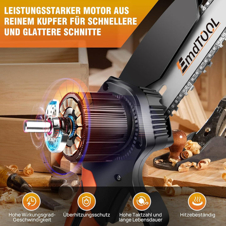 Mini Kettensäge 21V, 6 Zoll Akku Stsäge mit 3.0Ah Akku und Schnell-Ladegerät, Mit Sicherheitsverrieg