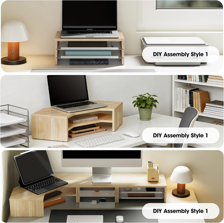 Fenge Monitorständer, Monitorerhöhung mit Ablage, Holz und Metall, Schreibtisch-Organizer für Zuhaus