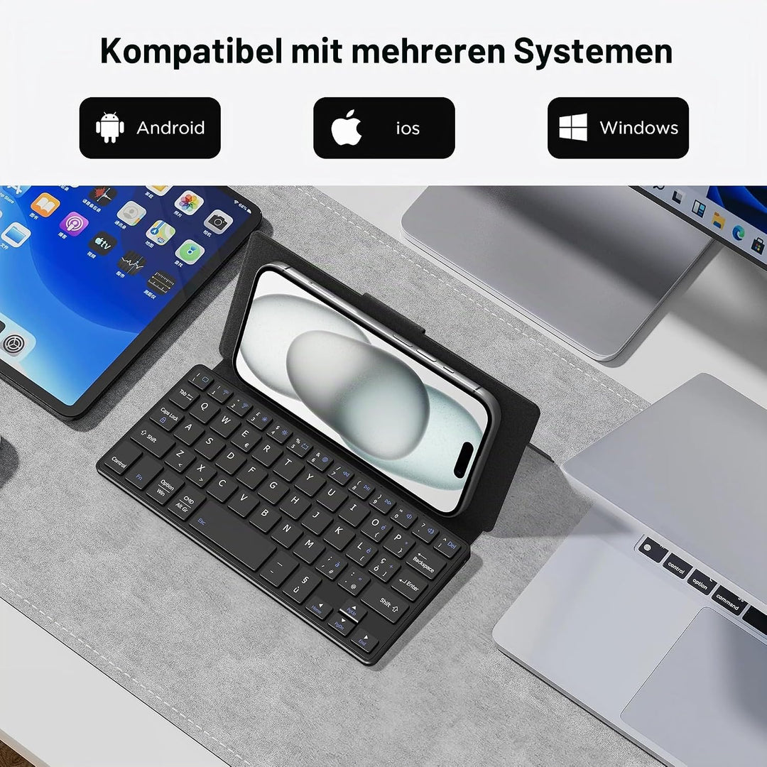 CACOE Mini Bluetooth Tastatur mit Ständer für Handy, Ultraflache Tragbare, Faltbare, Dual-Channel QW