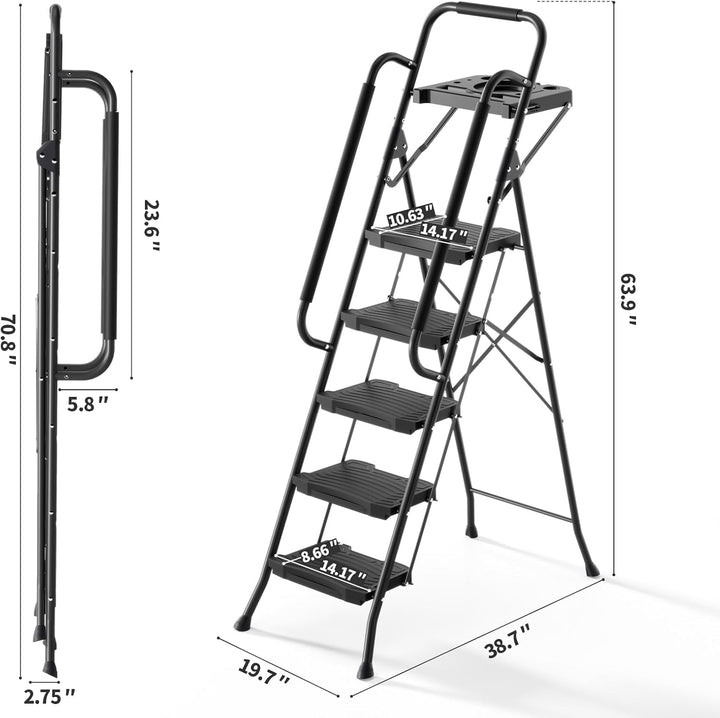 KINGRACK 5 Stufenleiter mit Handläufen, Werkzeugablage, klappbarer Tritthocker mit Breiten Anti-Ruts