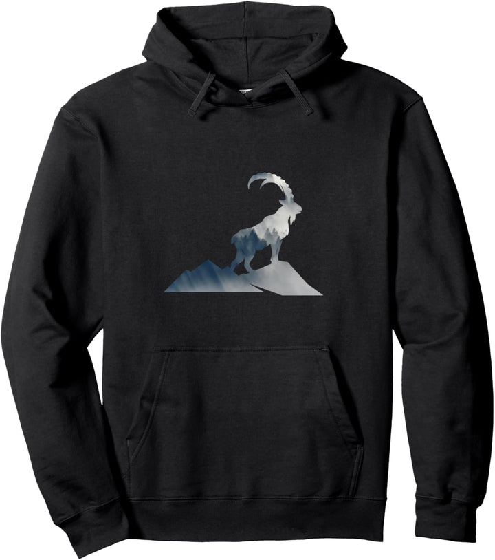 Steinbock Silhouette mit Berg Wald & Nebel - Natur Wandern Pullover Hoodie