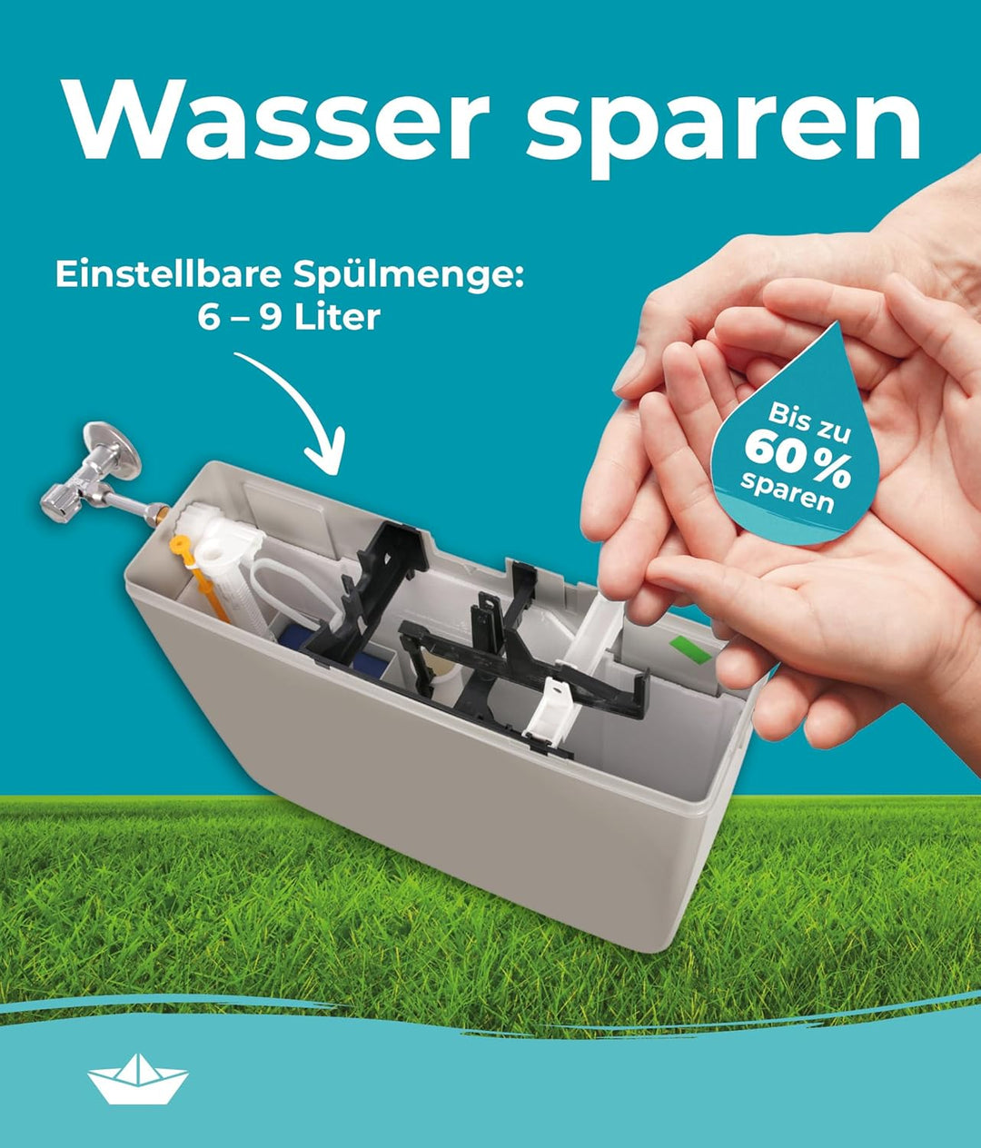 Calmwaters® Spülkasten Grau mit Spül-Stopp-Funktion, 6-9 Liter Spülmenge, Aufputzspülkasten WC schma