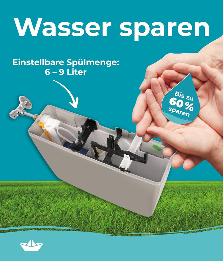 Calmwaters® Spülkasten Grau mit Spül-Stopp-Funktion, 6-9 Liter Spülmenge, Aufputzspülkasten WC schma