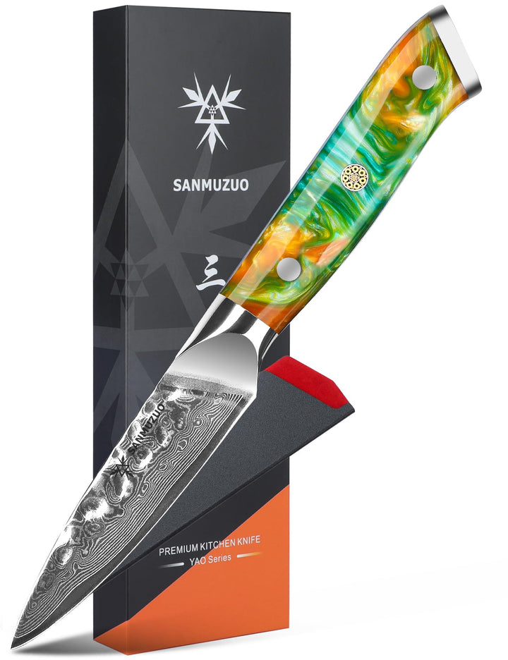 9 cm Paring Messer für Obst und Gemüse Schälmesser, Gehämmertem Damaskus Stahl und Harz Griff - Yao
