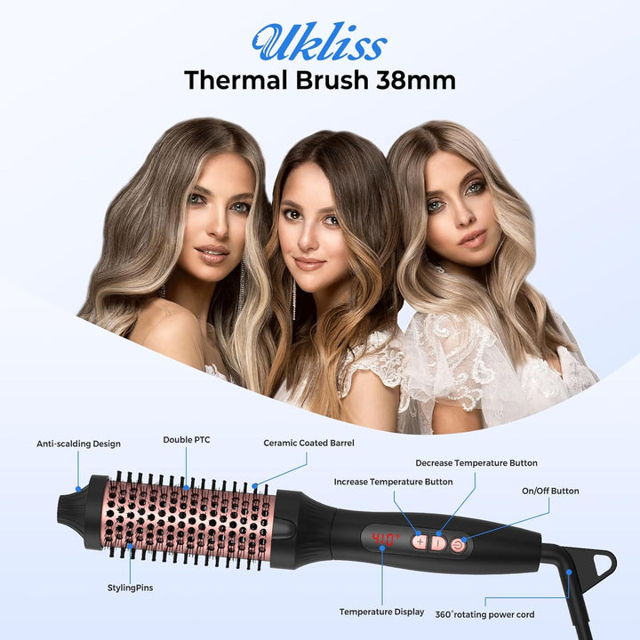 Thermal Brush, Wärmebürste Thermobürste 38mm, UKLISS Rundbürste LCD-Anzeige 120-210℃, Leichte Heat B
