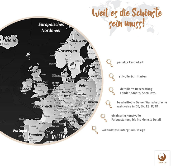 Stilvolle Pinnwand Weltkarte - SW - Deutsch in 120 x 80 cm, stabile Rückwand zum Pinnen inkl. Starte