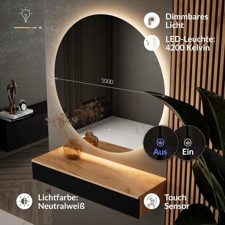 Planetmöbel Flur Garderobe Set Konsolentisch 100 cm inkl. Spiegel mit Beleuchtung rund (ohne Rahmen)
