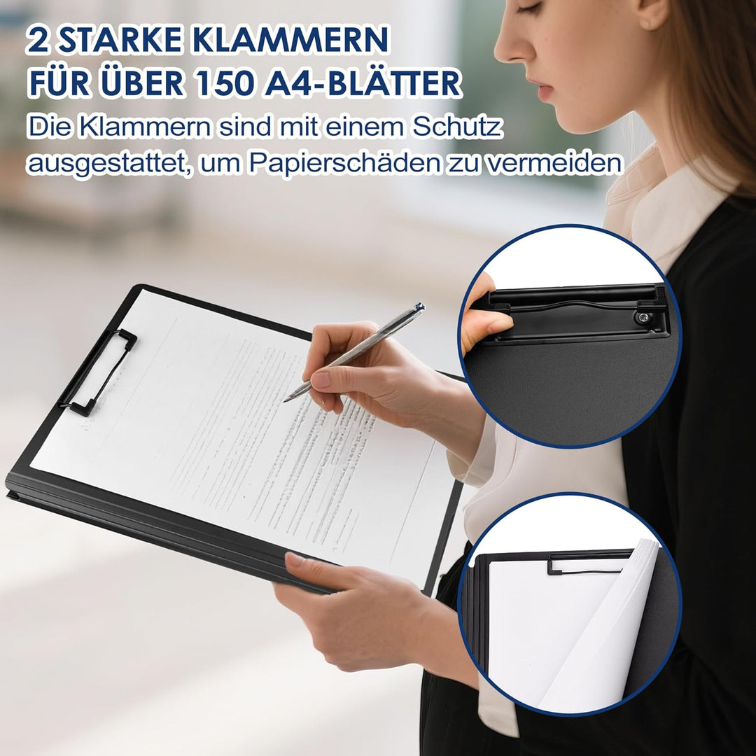 2er Pack Klemmbrett A4, Schreibmappe A4 mit 2 Klemmen, Klemmbrett mit Deckel, Klemmbretter für Büro,