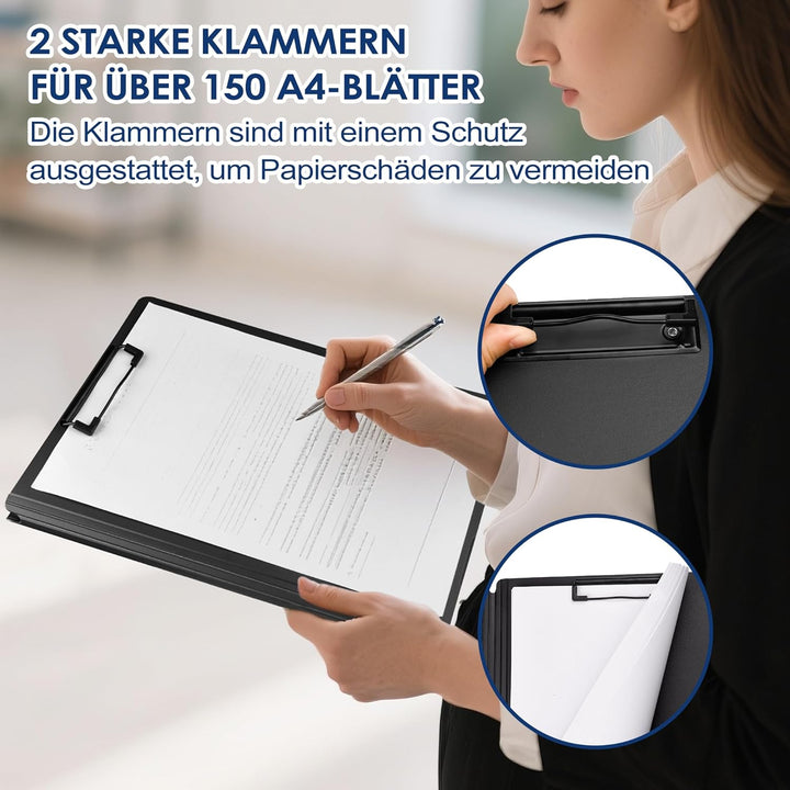 2er Pack Klemmbrett A4, Schreibmappe A4 mit 2 Klemmen, Klemmbrett mit Deckel, Klemmbretter für Büro,