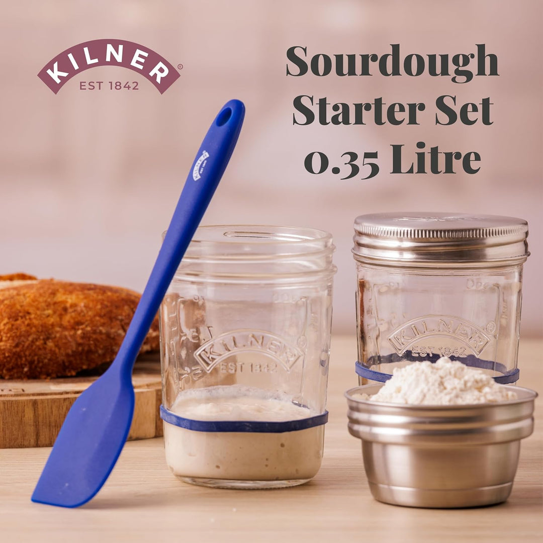 Kilner Sauerteig Starter Set 5-teilig / 350 ml / Glas mit Messbecher-Deckel, Weithals-Glas, Gummirin