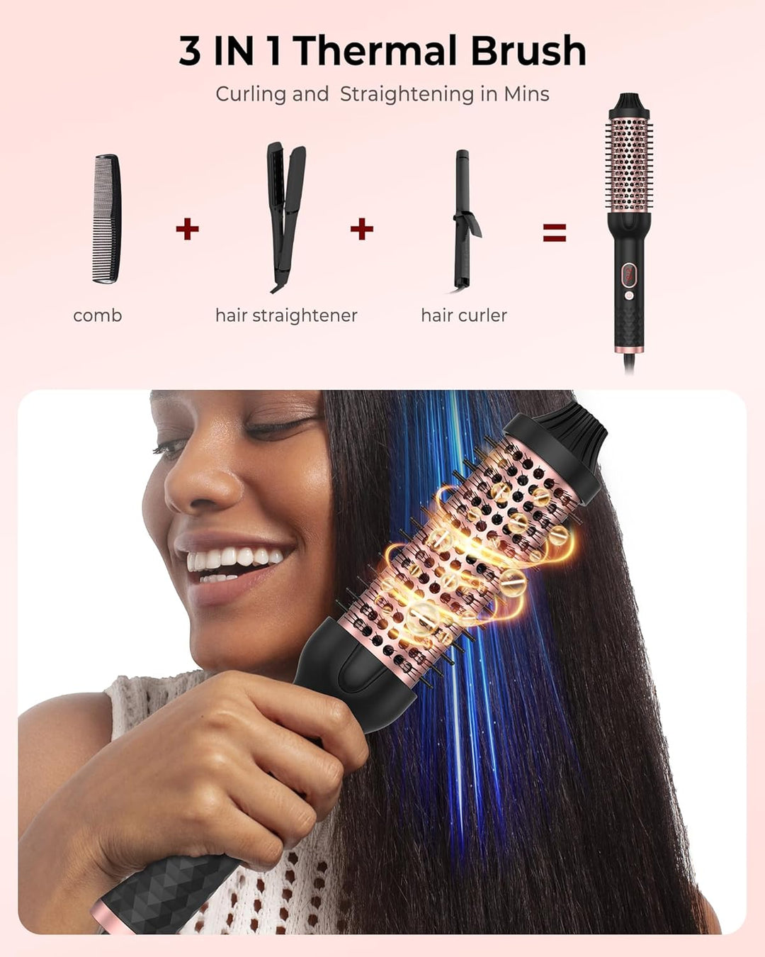 Thermal Brush 38mm, Thermobürste 3 in 1 - Pro Ionische Thermo Rundbürste Lockenbürste 120-210℃, Doub