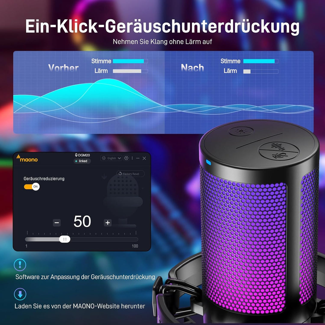 MAONO USB Gaming Mikrofon für PC, Kondensatormikrofon mit RGB-Leuchten für Streaming, Aufnahme, Podc