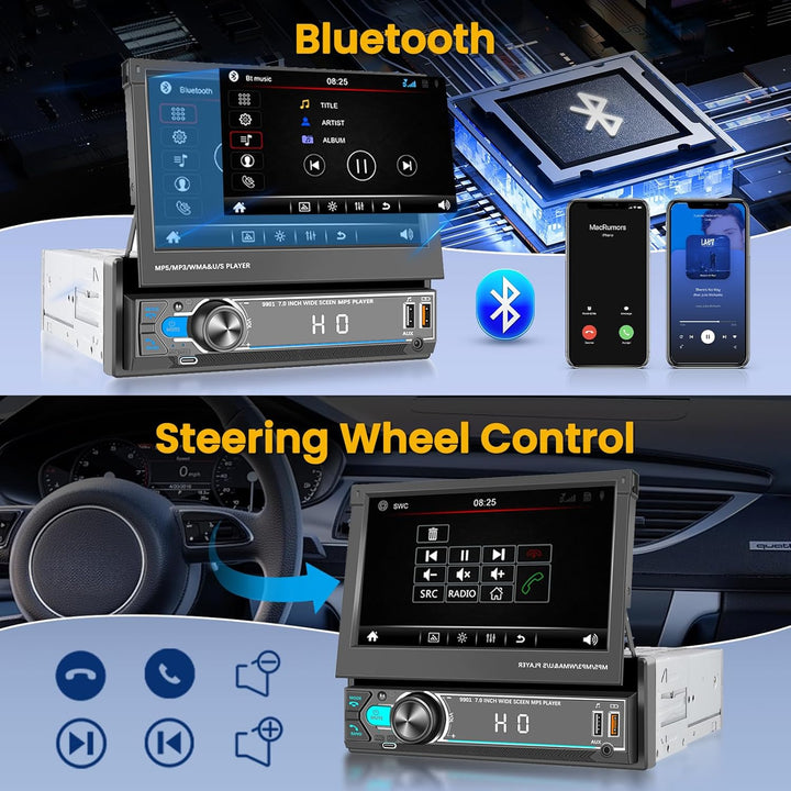 Hikity 1 Din Autoradio mit 7 Zoll Manuell Einziehbarer Touch Display Radio mit Ausfahrbarem Bildschi