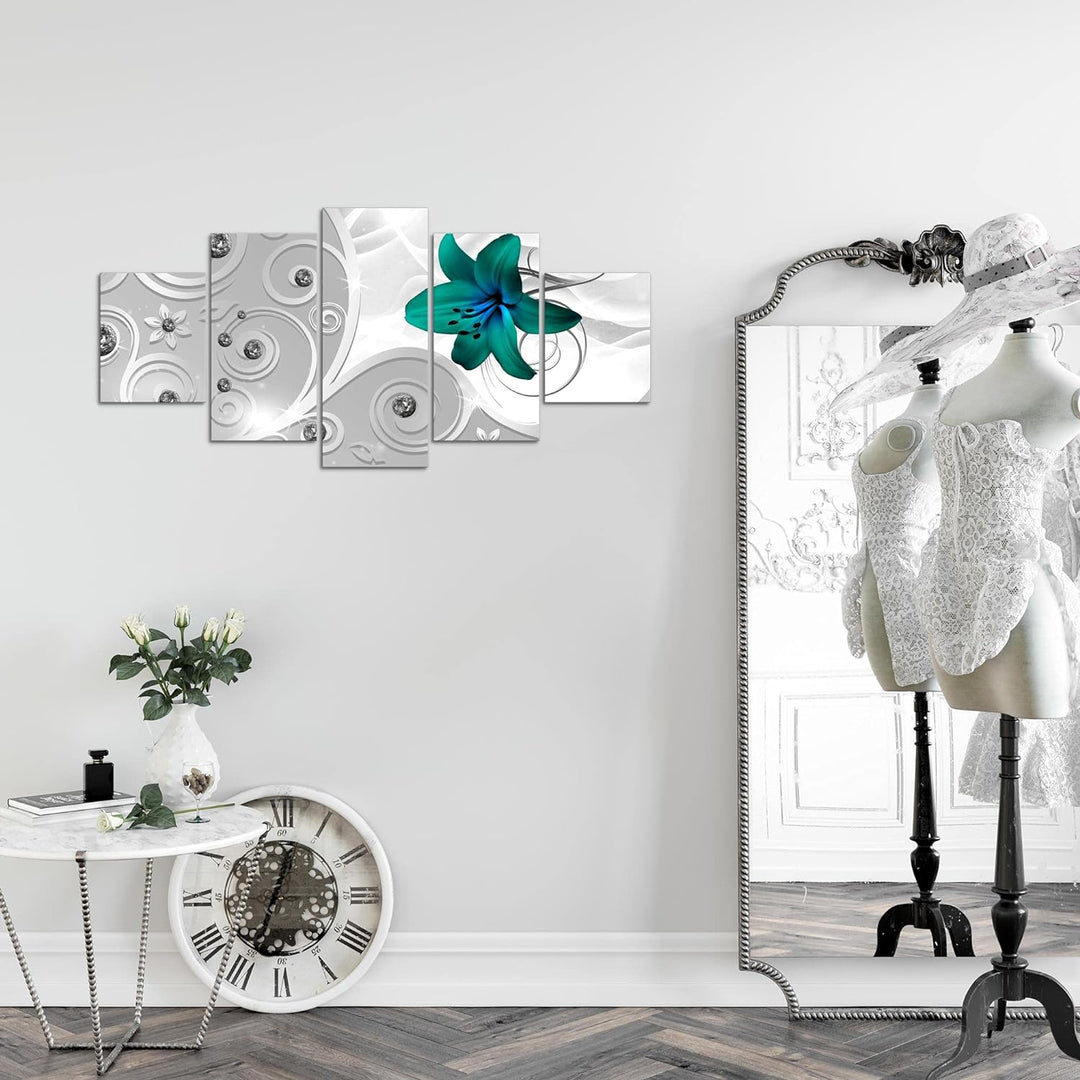 Runa Art Wandbilder Blumen Lilie 5 Teilig Bild auf Vlies Leinwand Deko Wohnzimmer Ornament Silber Gr