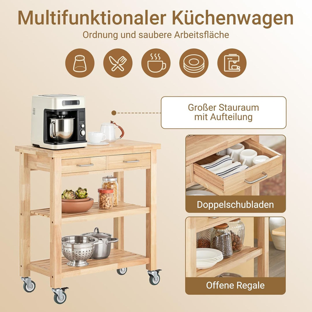 SoBuy FKW24-N Servierwagen aus Gummi-Holz,Küchenwagen,Küchenregal, Rollwagen,B80xT40xH90cm, B80xT40x