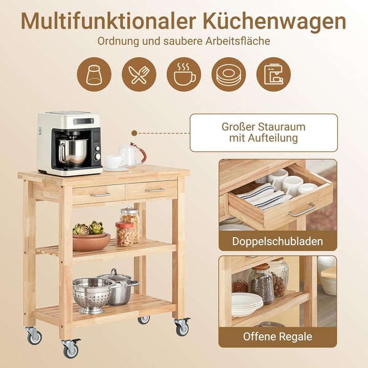 SoBuy FKW24-N Servierwagen aus Gummi-Holz,Küchenwagen,Küchenregal, Rollwagen,B80xT40xH90cm, B80xT40x