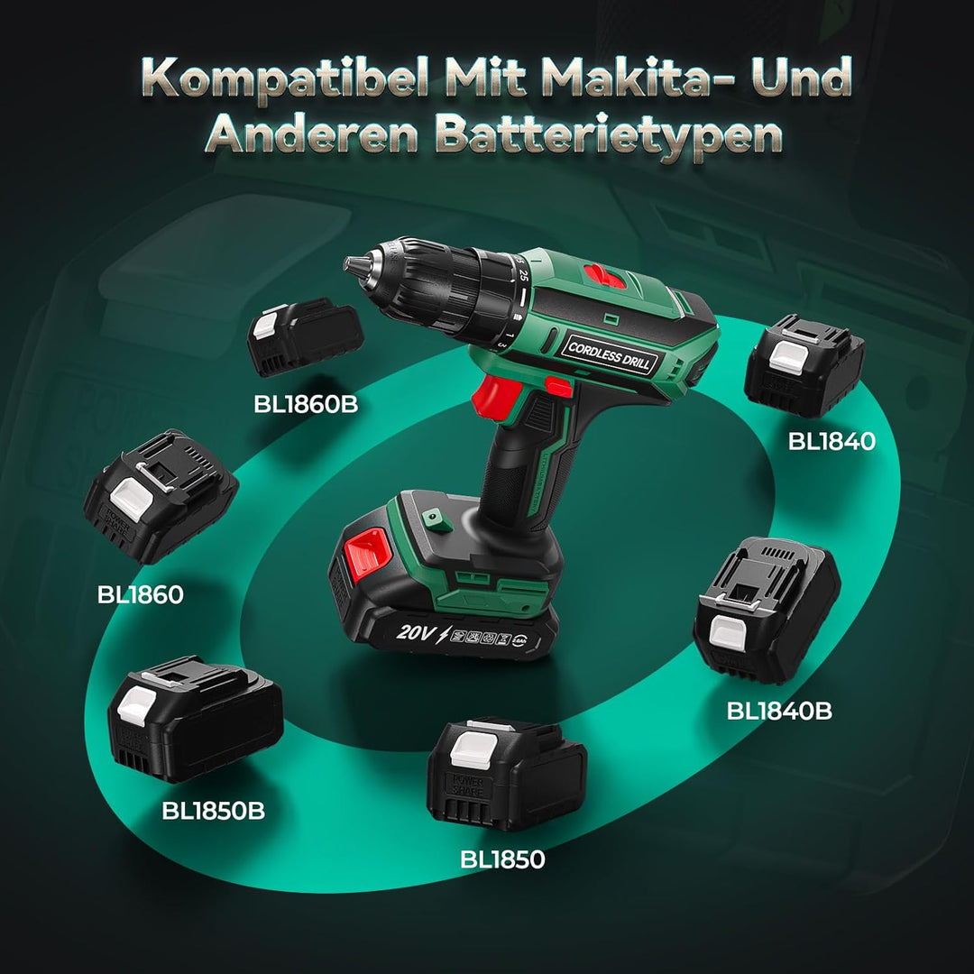 Akkuschrauber mit 2000mAh Akkus, 20V Akku Bohrschrauber Set 42Nm Max, 2-Gang Akku-Bohrmaschine, Komp