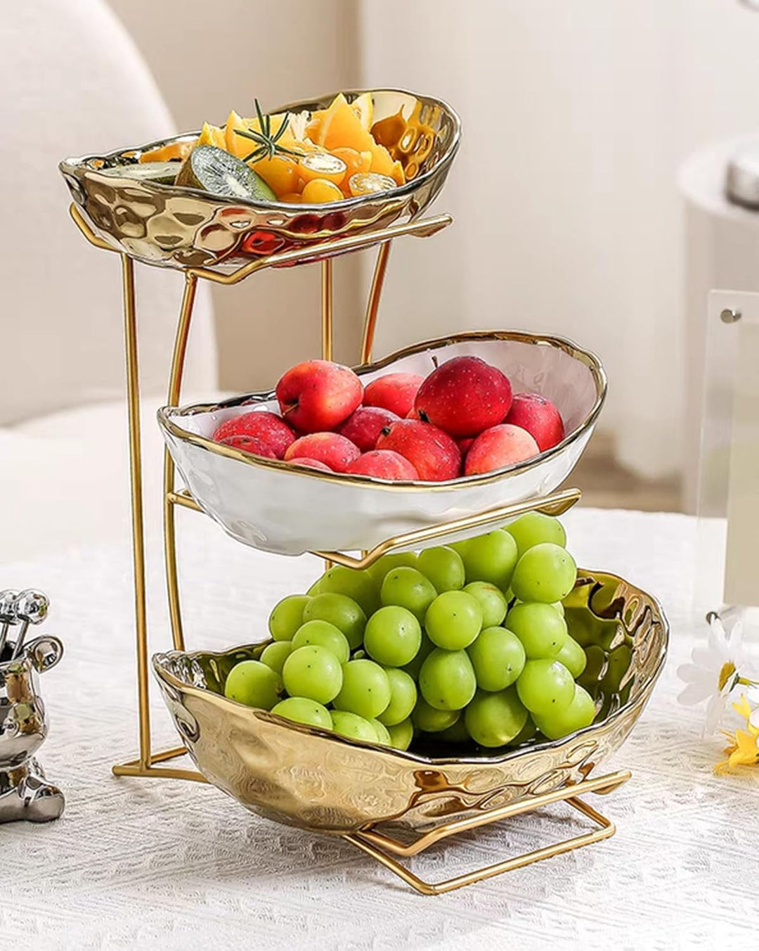 XUDREZ Obst Etagere mit 3 Etagen Obstschalen aus Keramik, Platzsparendes Obstkorb Etagere für die Fa