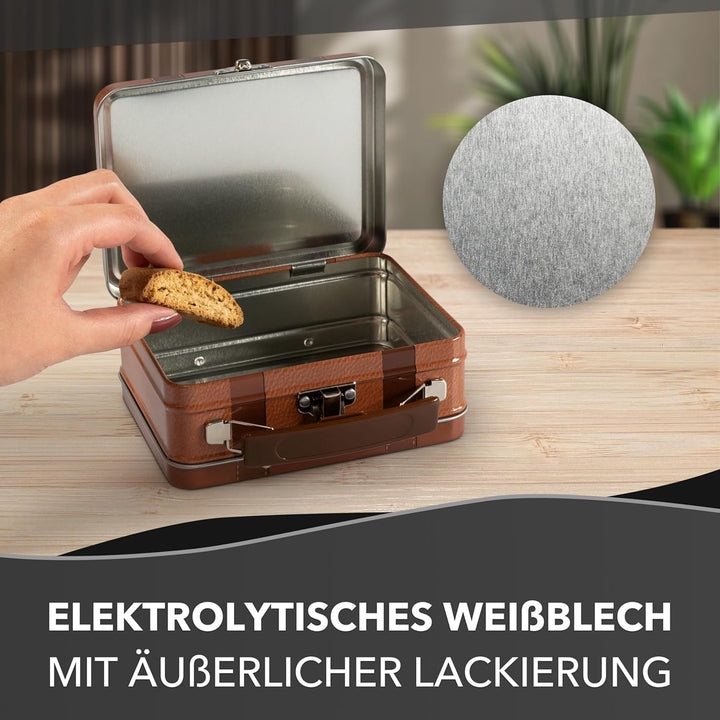 Mini Koffer - Kleine Keksdose mit beweglichem Henkel und Stickern - lebensmittelecht - Vol. ca. 0,8L