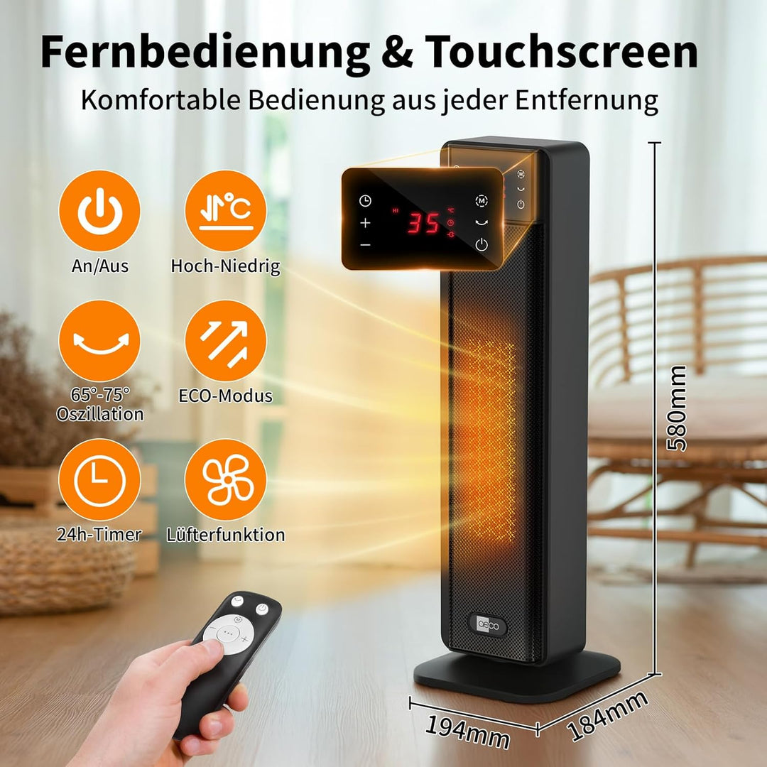 aeco EcoHeat Boost 58cm Energiesparend Heizlüfter mit Fernbedienung, 2000W LED ECO-Modus, 24H Timer,