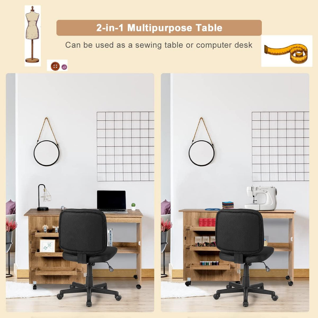 LIFEZEAL Nähmaschinenschrank klappbar, Nähschrank 2 in 1, Schreibtisch Holz mit Haken, Ablage &amp; Roll