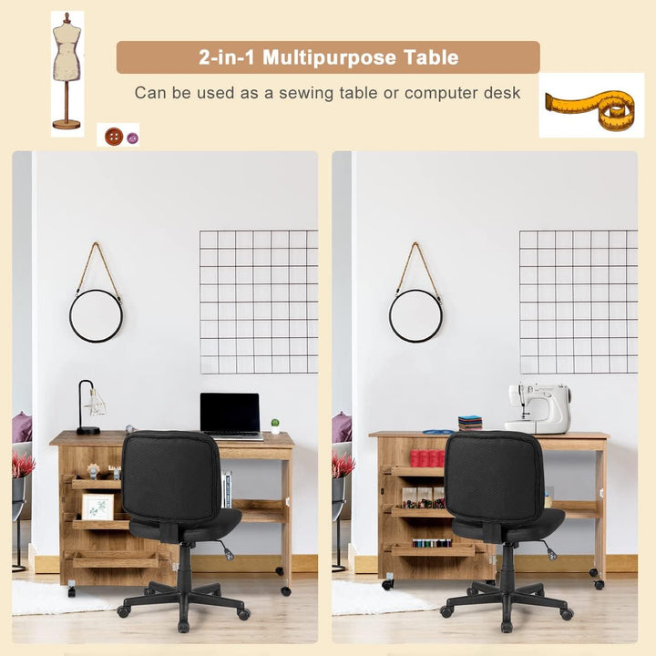 LIFEZEAL Nähmaschinenschrank klappbar, Nähschrank 2 in 1, Schreibtisch Holz mit Haken, Ablage &amp; Roll