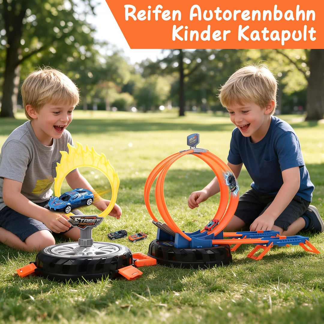 Autorennbahn Kinder Katapult mit 2 Loopings, Feuerring &amp; 6 Autos Spielzeug Fliegende, Fliegende