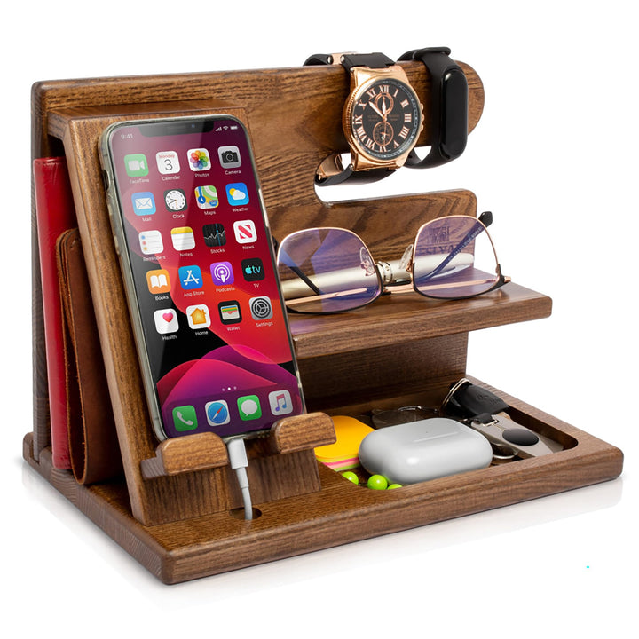 TESLYAR Holz-Telefon-Dockingstation für Männer – Schreibtisch- oder Nachttisch-Organizer – Geburtsta