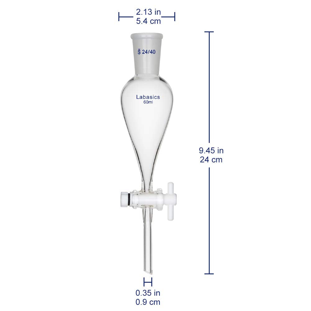 Labasics 60ml Borosilikatglas Konischer Scheidetrichter mit PTFE-Absperrhahn, Separatory Funnel 60 m