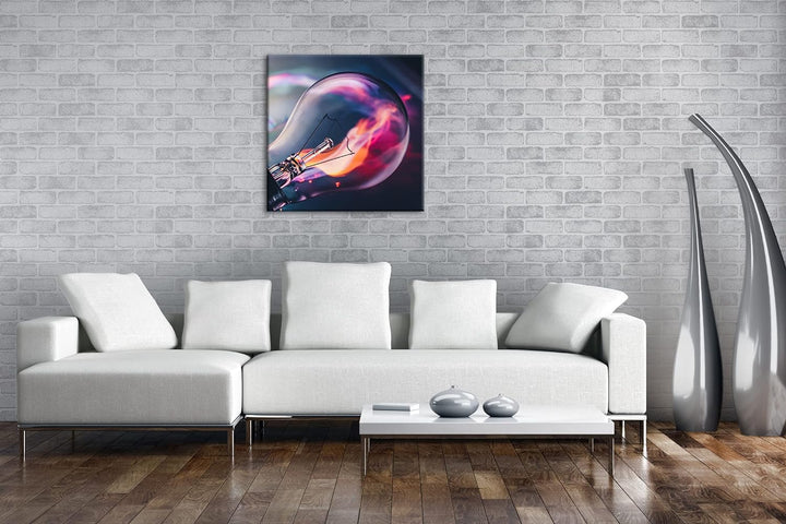 brennende Glühbirne Format: 70x70 als Leinwandbild, Motiv fertig gerahmt auf Echtholzrahmen, Hochwer