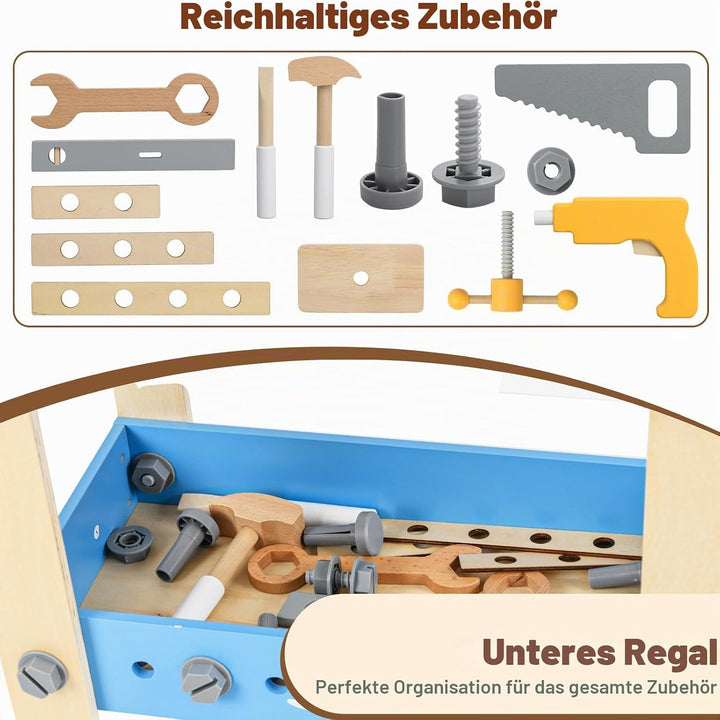 HOMASIS Werkzeugbank Kinder, Werkbank Spielwerkbank Holz, Werkstatt mit 50 TLG. Zubehör &amp; Tafel &amp; Ar
