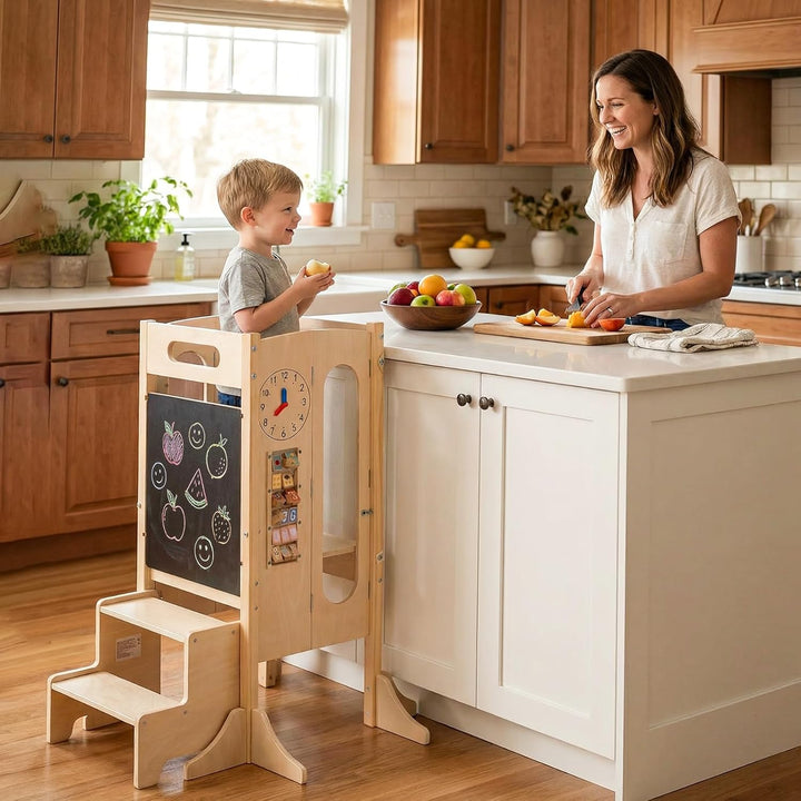 COSTWAY 4 in 1 Lernturm klappbar, Tritthocker aus Holz mit 2-Stufen Hocker, Tafel & abnehmbarem Sich
