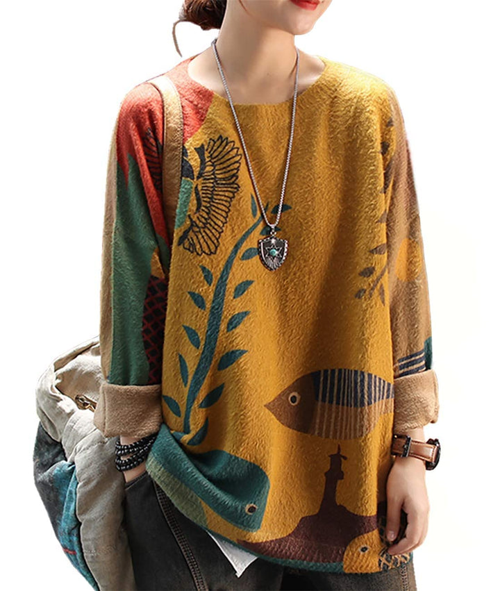 Janein Damen Pullover Oversize Lang Strickpullover Herbst Winter Rundhals Sweater mit Blumenmuster W