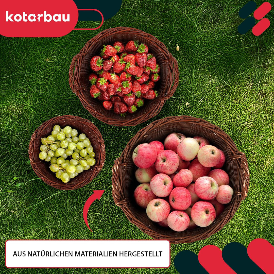 KOTARBAU® 3er Set Weidenkorb mit Griffen - ø 30 cm/ø 40 cm/ø 50 cm - Blumen Korb - Aufbewahrung von