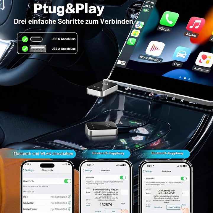 Wireless CarPlay Adapter,2 In 1 Wireless CarPlay für iOS und Android Auto,2025 Verbesserte Konvertit