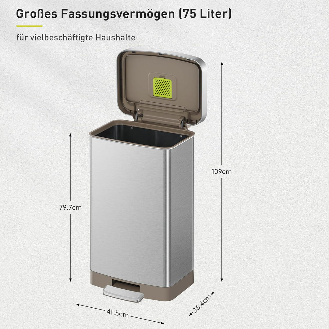 EKO Hudson Mülleimer 75 L, Abfalleimer mit Müllbeutel-Aufbewahrungsfach und Geruchsfach, Treteimer a