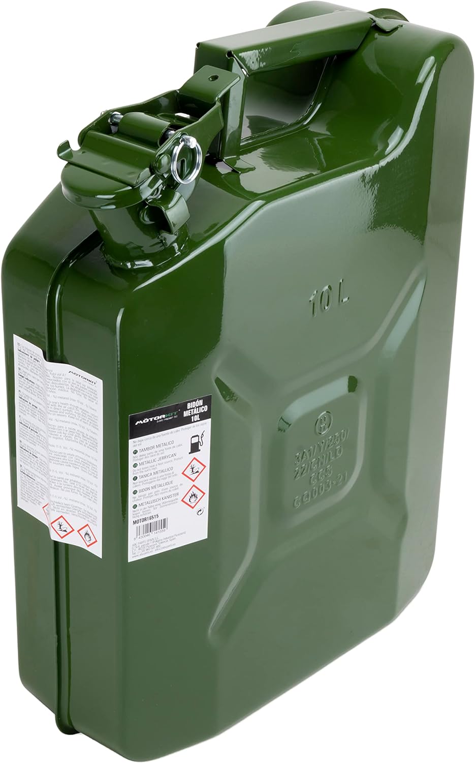 Motorkit 10 Liter Kraftstoffkanister aus Metall mit Bajonettverschluss. Benzinkanister Farbe Olivgrü