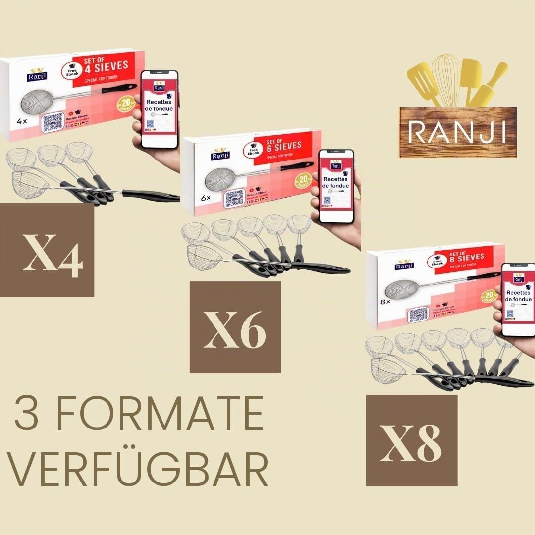 Ranji® Kescher für Fondue, Edelstahl, Pflegeleicht, perfekt für geschmolzene Abende (6 Stück)
