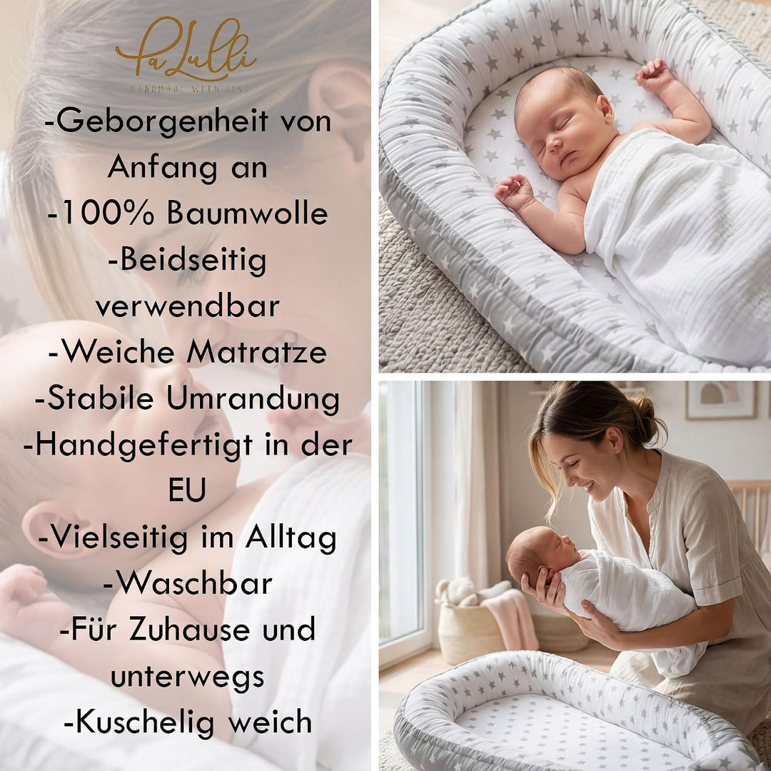 PaLulli Babynest Babynestchen 50x90 cm Babykokon, 2seitig, 100% Baumwolle, Nestchen für Babybett, Ku