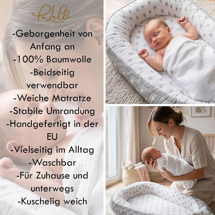 PaLulli Babynest Babynestchen 50x90 cm Babykokon, 2seitig, 100% Baumwolle, Nestchen für Babybett, Ku