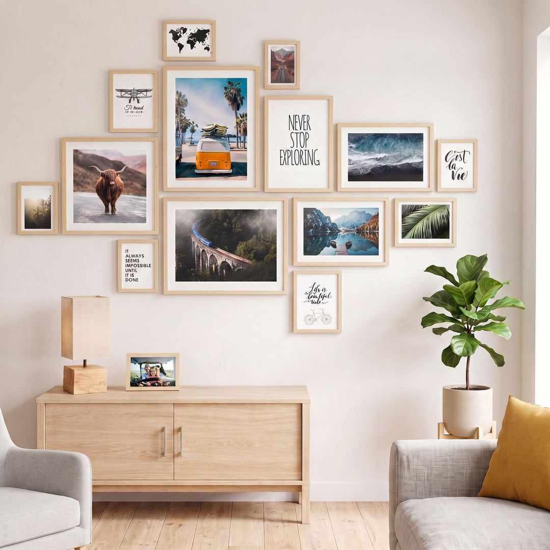 PHOTOLINI Bilderrahmen Set verschiedene Grössen, 14 Bilderrahmen Holz MDF Natur, Bilder Rahmen mit A