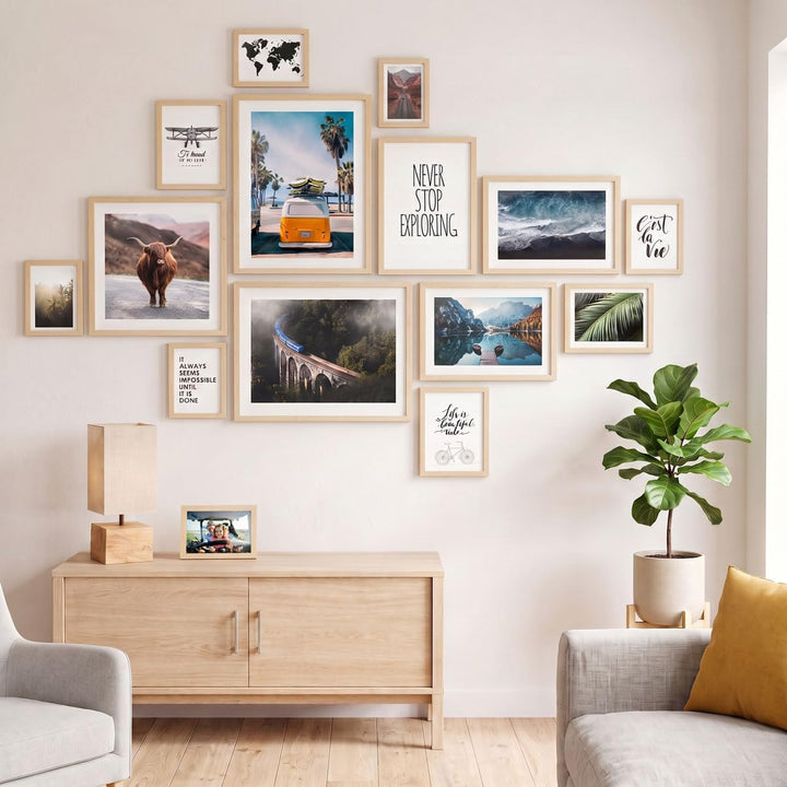 PHOTOLINI Bilderrahmen Set verschiedene Grössen, 14 Bilderrahmen Holz MDF Natur, Bilder Rahmen mit A