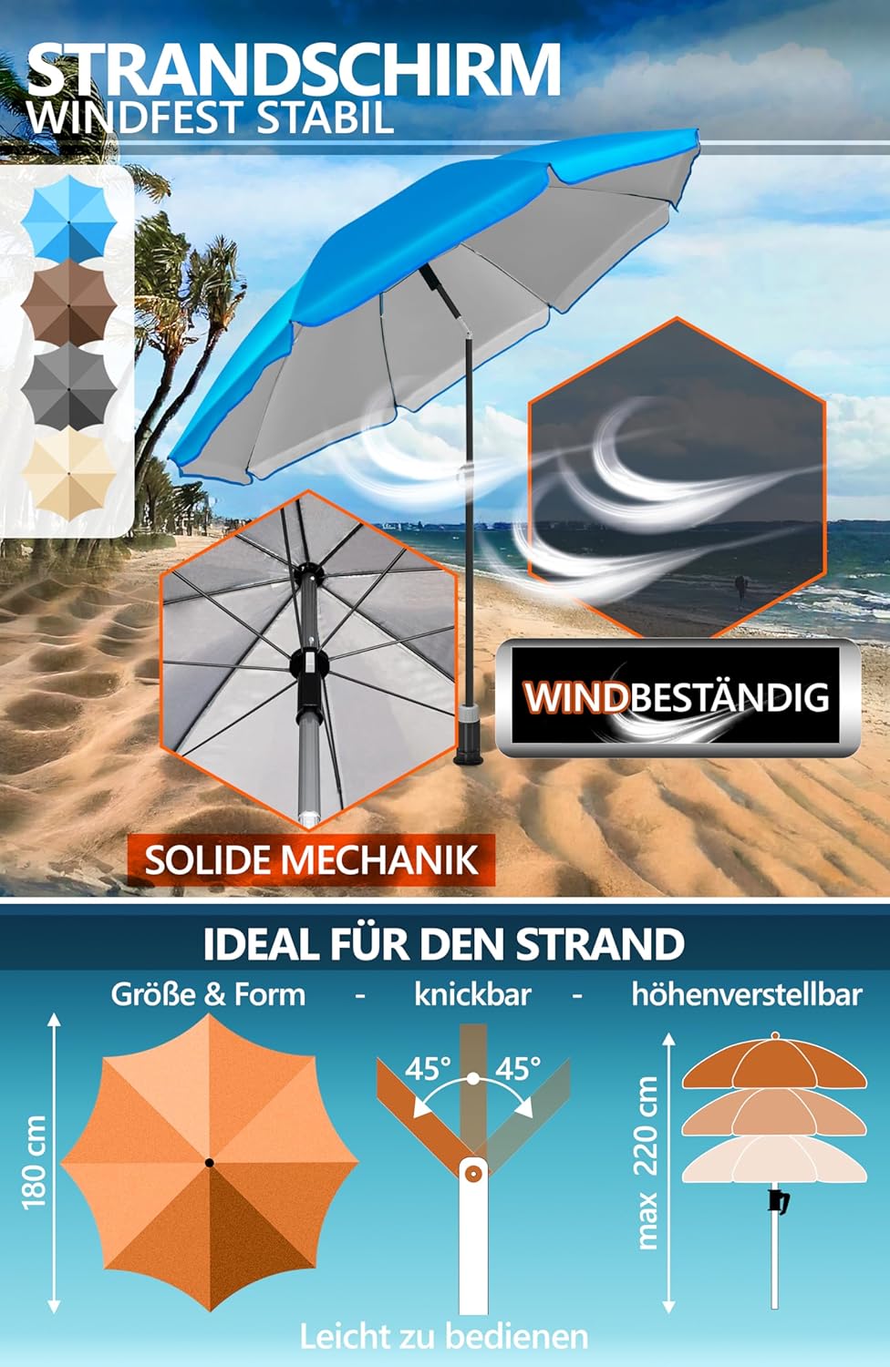 4smile Sonnenschirm Strand SunnyJoy, 3-in-1 SET, Blau - UPF 50+ Strandschirm Ø 180 cm + Sonnenschirm