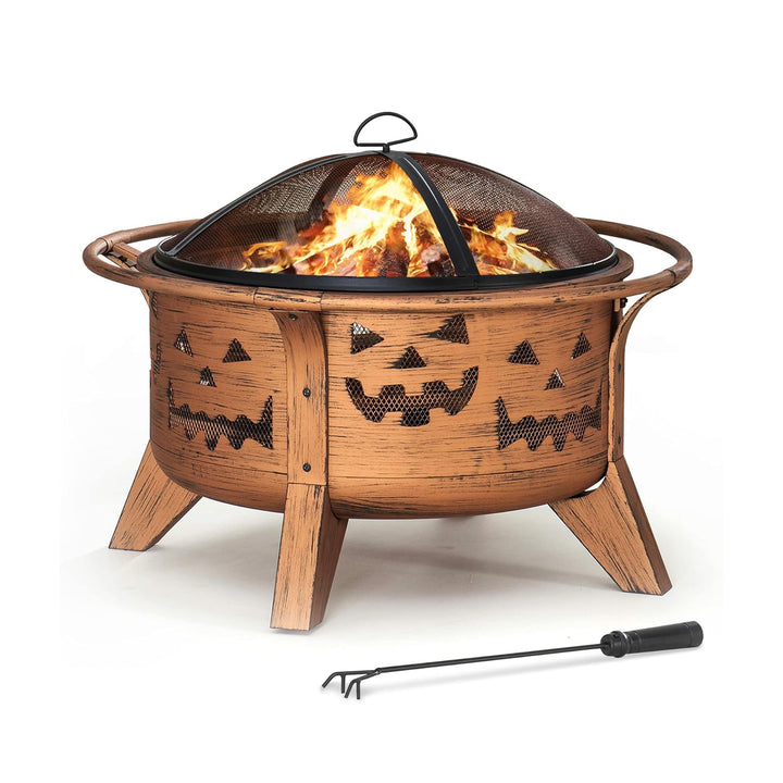 SUNJOY 76 cm Feuerstelle Outdoor Holzfeuerstelle Terrasse Jack-o-Lantern Motiv Runde Stahl Grosse Fe